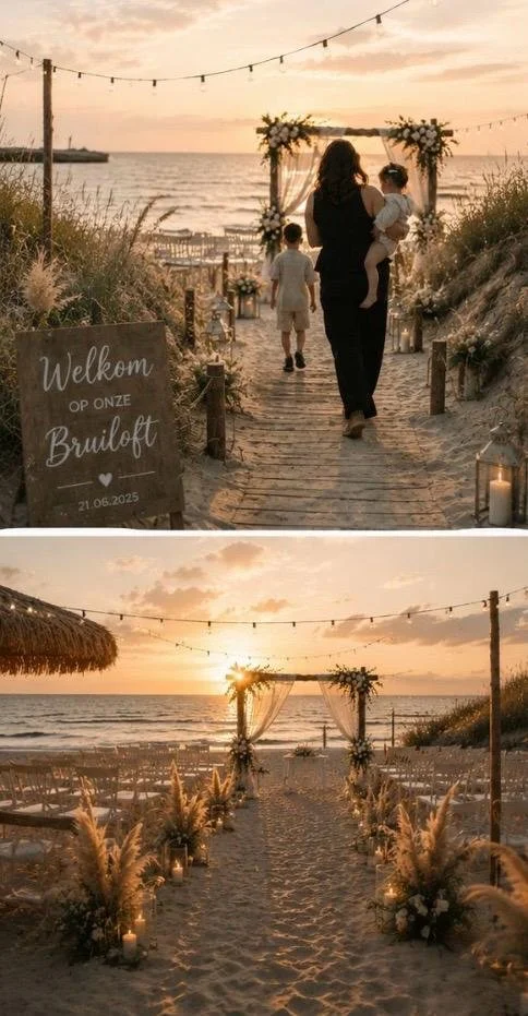 A beach wedding setup during sunset with floral arrangements and candles, and people walking along a pathway towards the ceremony area.