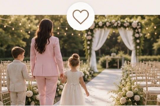 A woman walking with two children down an outdoor wedding aisle decorated with white flowers and greenery, approaching an arched wedding altar with curtains and floral arrangements.