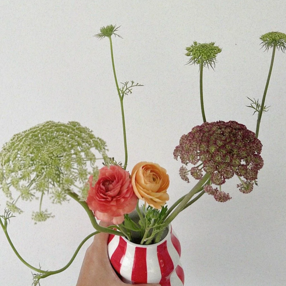 Hand holding a red and white striped vase with various flowers, including green, pink, and orange blossoms, and tall green stems with small leaves against a plain white background.