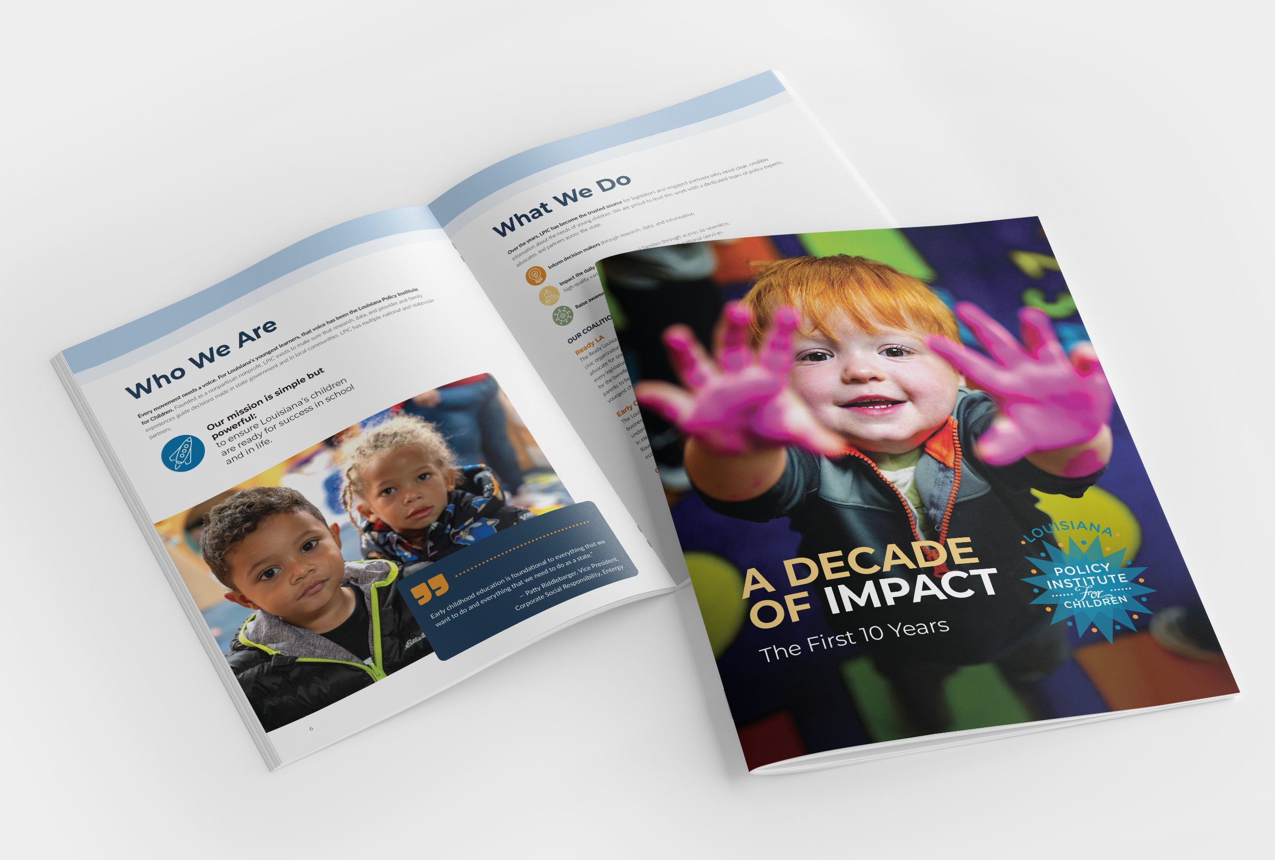 Open pamphlet and brochure on an all white surface displaying colorful images of young children and text about impact of early childhood education.