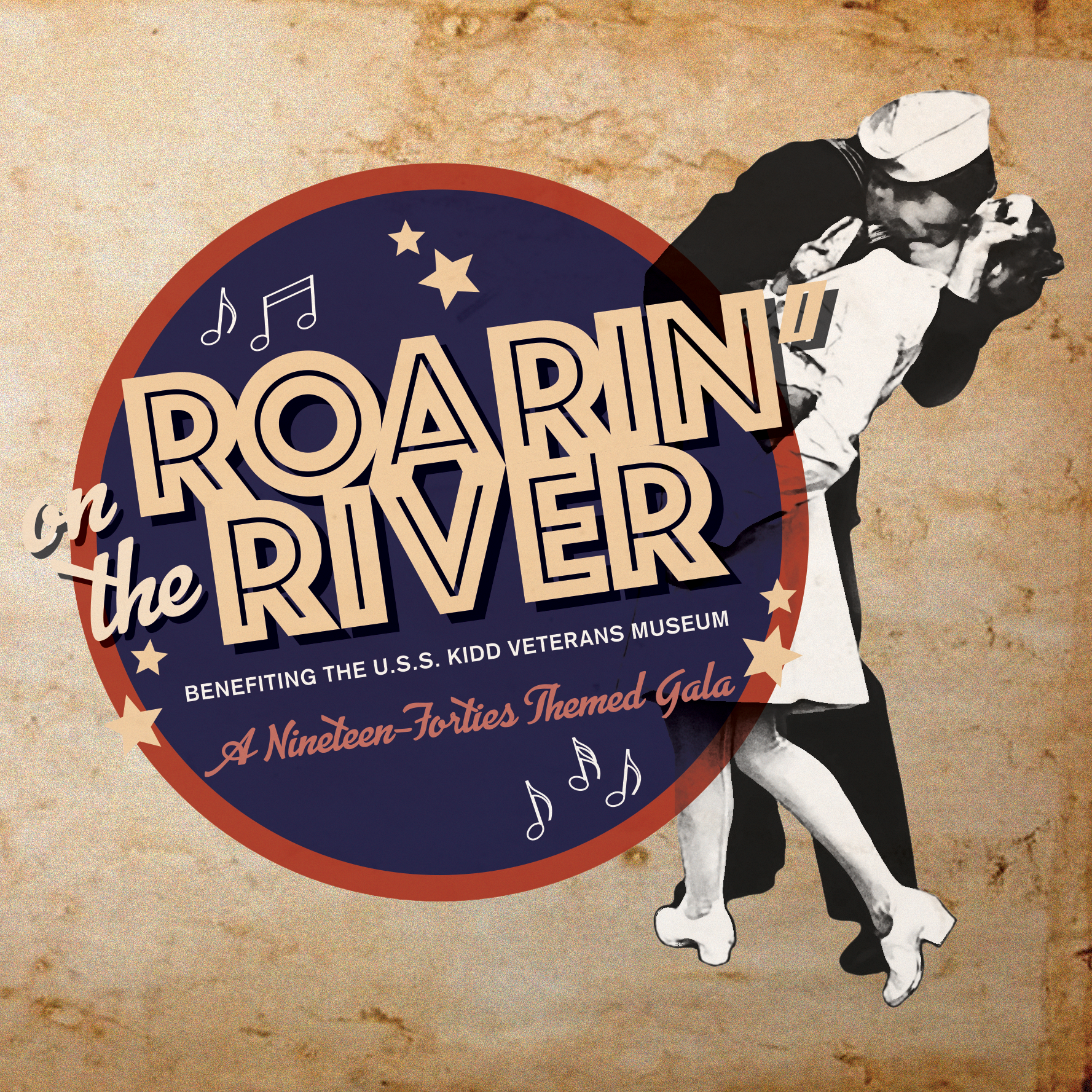 Logo for fundraiser, Roaring in the RIVER, a benefit for the U.S.S. Kidd Veterans Museum 