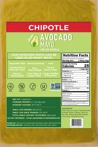 Aveyo Chipotle Avocado Mayo product, featuring the plant-based superfood label, highlights key nutritional claims such as over 80% Hass avocado, 75% less fat and calories than the leading mayonnaise brand, and 100% delicious.
