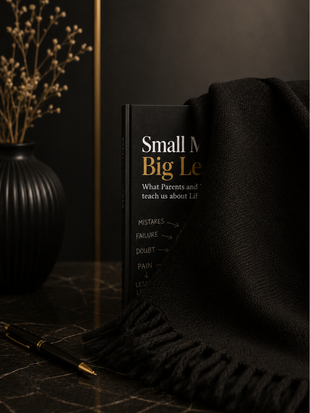 Book Small Mistakes, Big Lessons is covered half way with a black scarf draping on top of it and half the book cover is covered up. Dark study room with a gold lamp and brown vase with flowers.