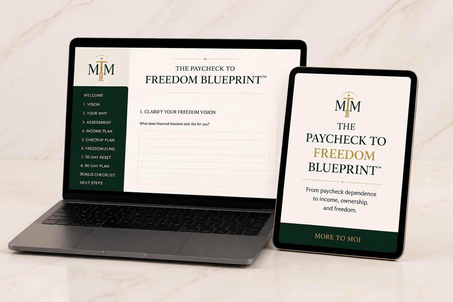 The Paycheck to Freedom Blueprint displayed on a laptop and tablet