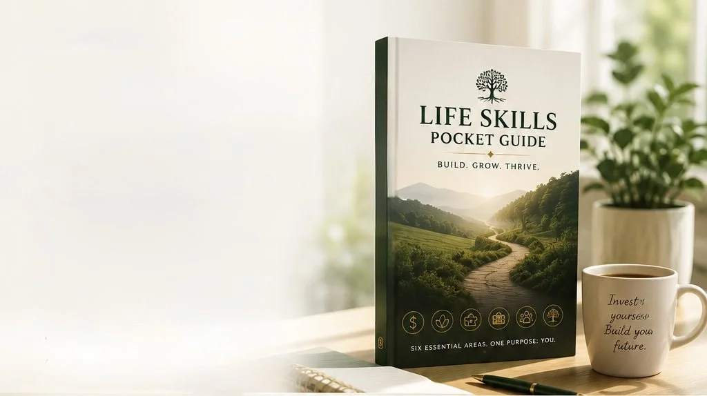A book titled "Life Skills Pocket Guide" with a nature landscape on the cover next to a white mug with an inspirational quote, and a potted plant in the background on a wooden table.