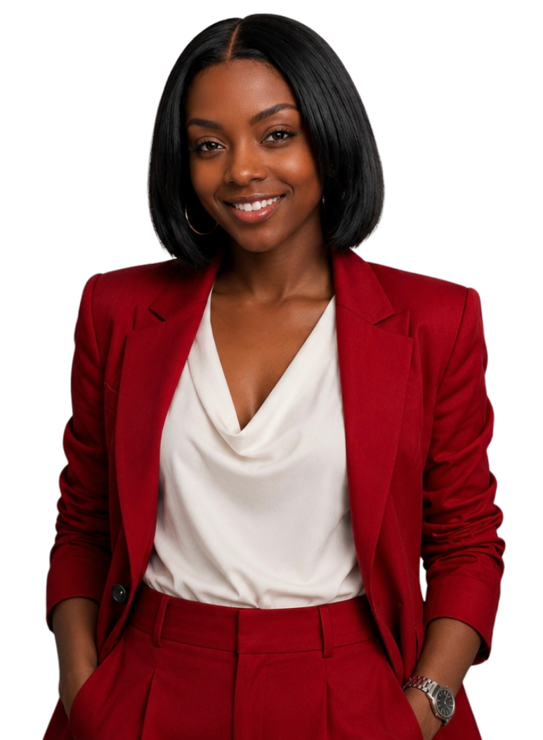 A woman with medium-length black hair, wearing a red blazer, matching red trousers, a white blouse, and a wristwatch, smiling at the camera.