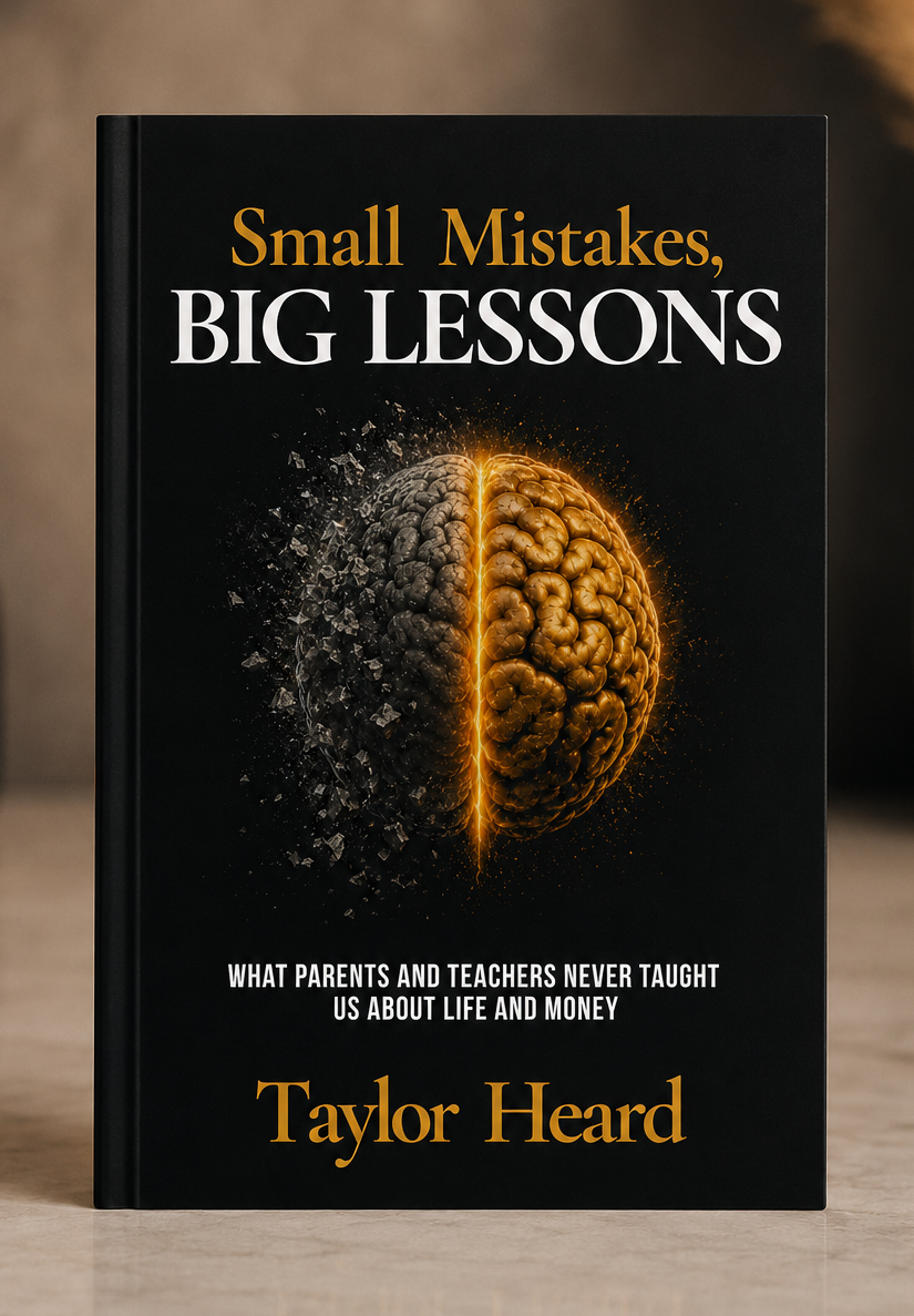 A black book cover titled "Small Mistakes, Big Lessons" by Taylor Heard, featuring an illustration of a brain split into two halves, one side dark and the other glowing with a golden-orange hue, with the subtitle "What parents and teachers never taught us about life and money."