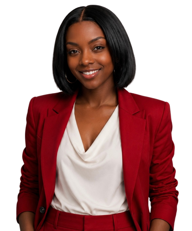 African American woman with shoulder-length black hair, smiling, wearing a white blouse and red blazer and pants.