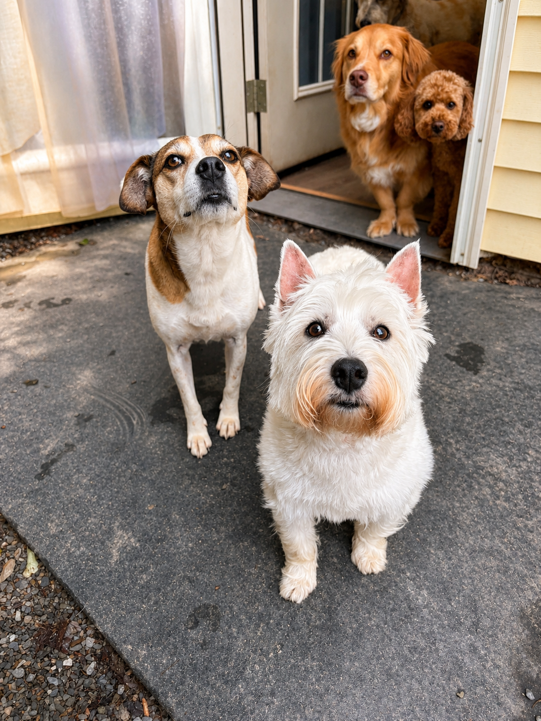 Four cute dogs standing together at Country Kennel in Bangor, Maine Looking Like They're About To Drop a Debut Album
