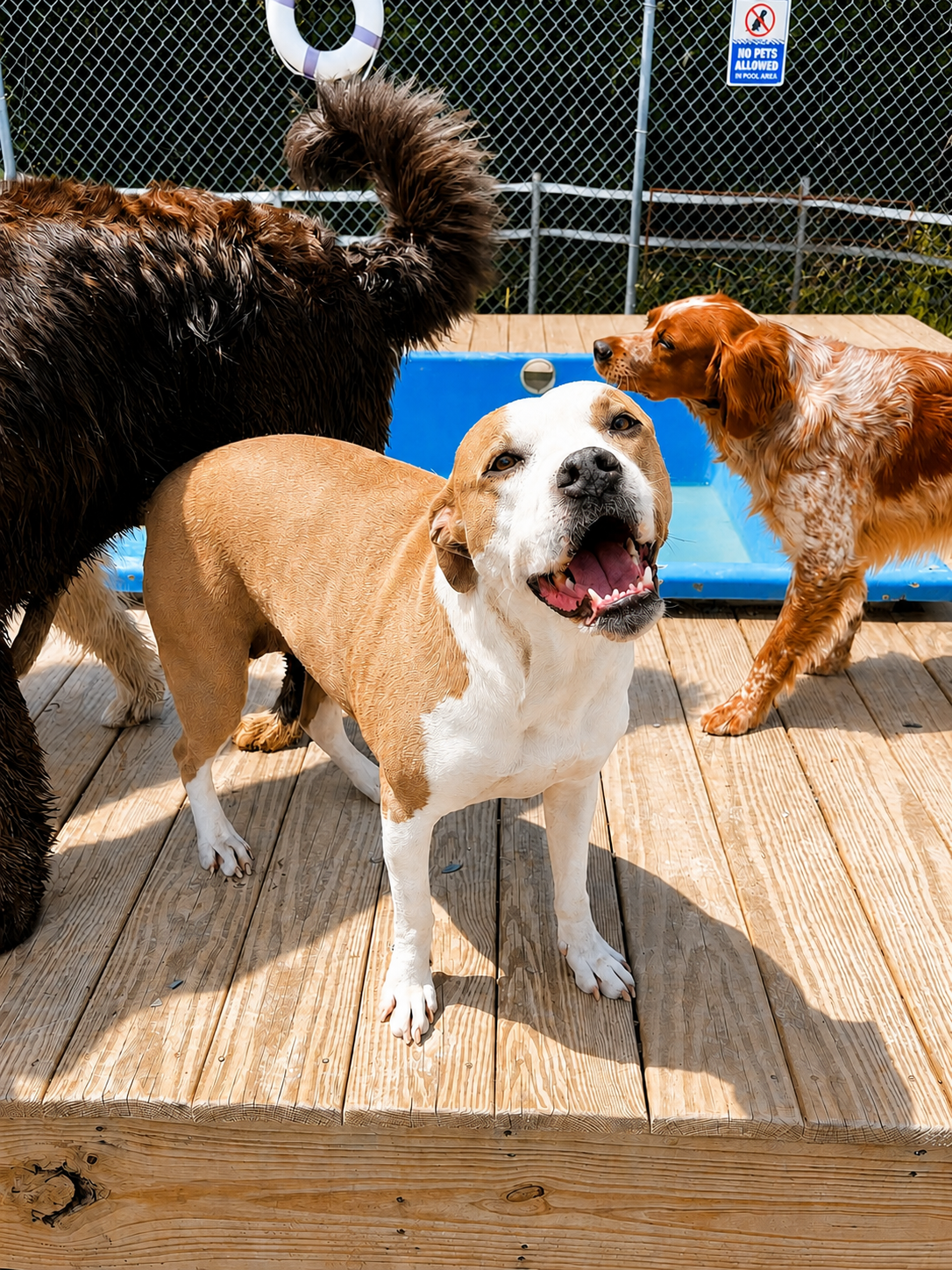 Adorable White and Tan Dog Smiling At The Camera At Daycare and Boarding Facility in Bangor, Maine