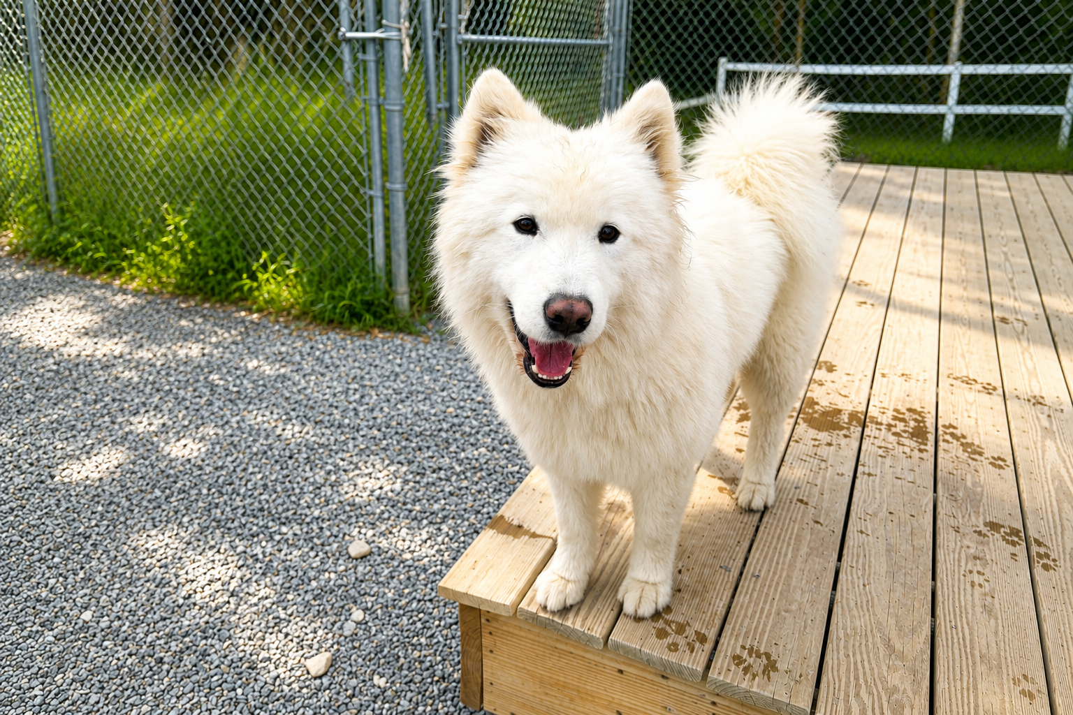A beautiful white long haired dog standing on a deck, smiling at Country Kennel in Bangor, Maine