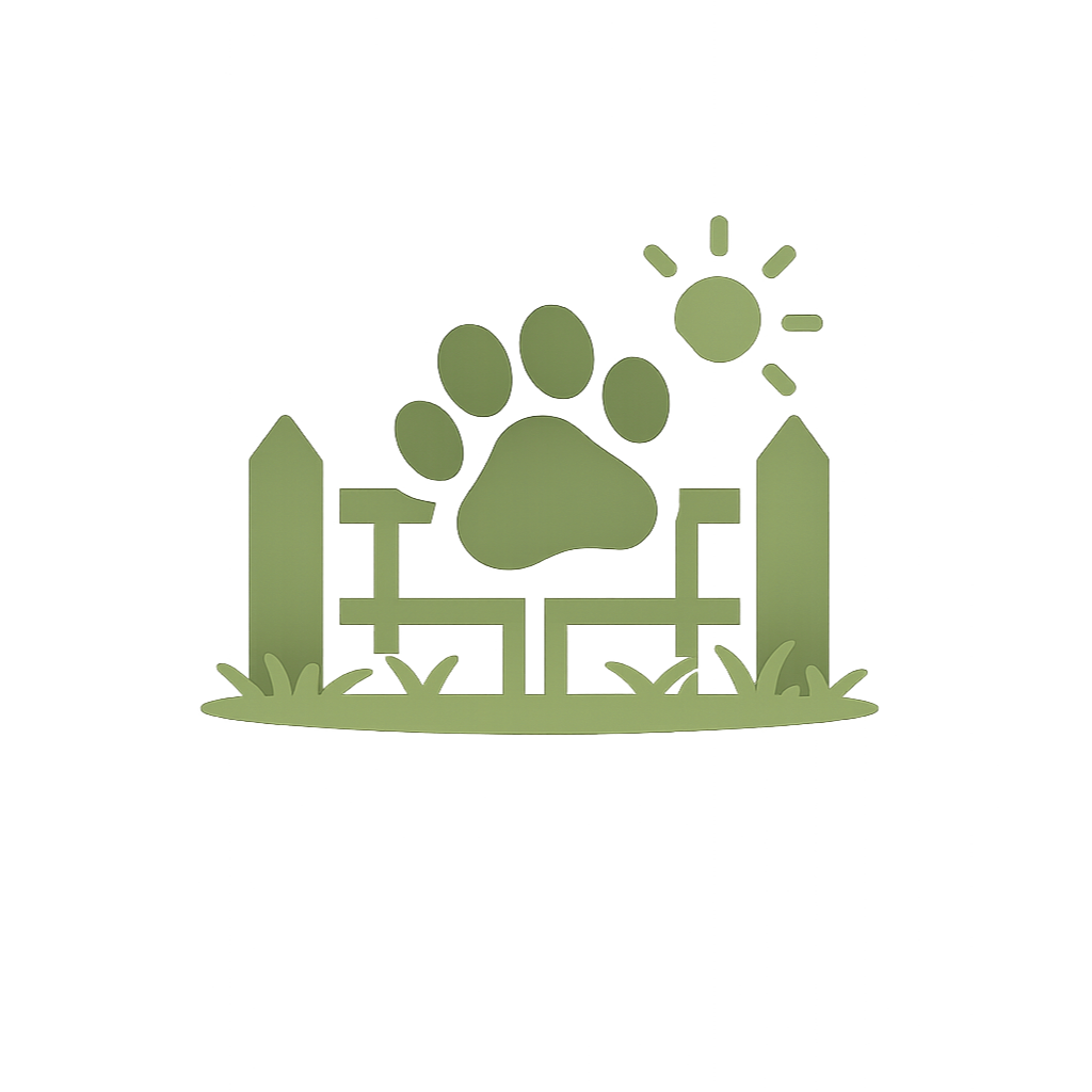 A Green Icon Featuring A Fence, Paw Print, and Sunshine Meant to Represent Doggy Daycare