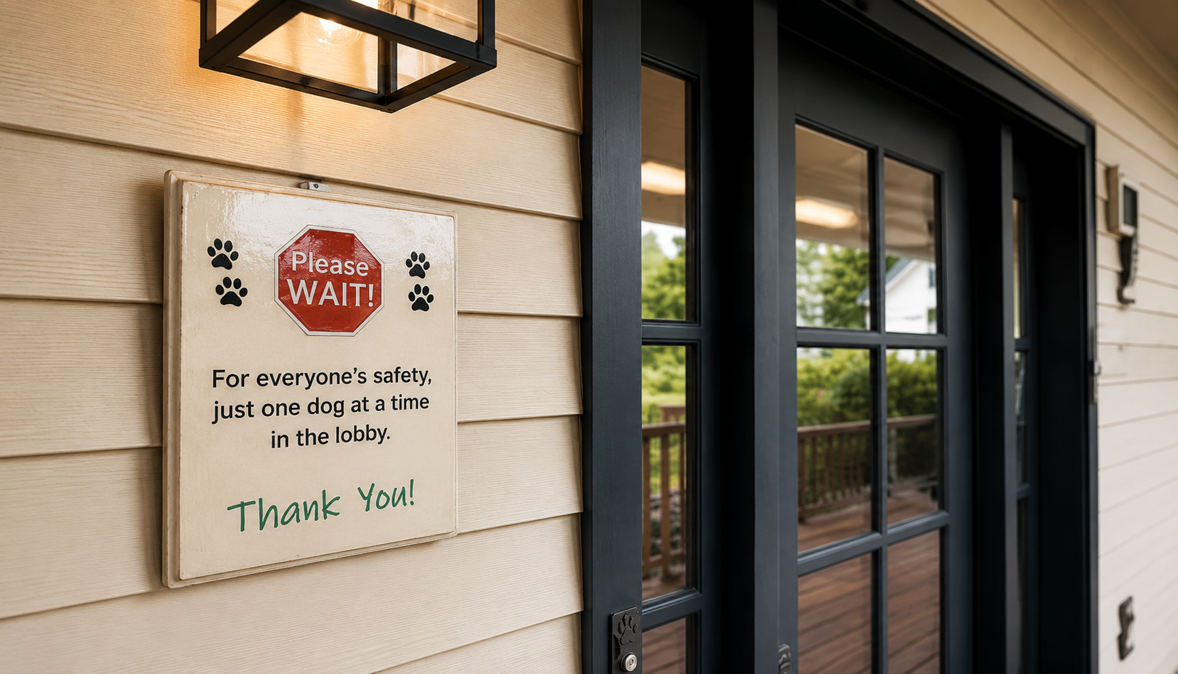 The exterior of Country Kennel's lobby featuring a sign that requests there only be one dog at a time in the lobby for everyone's safety