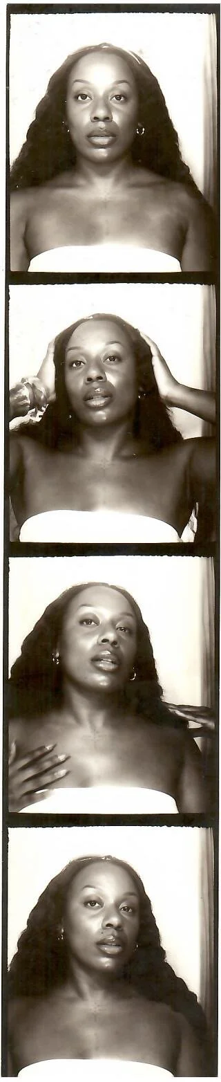 A four-photo black and white collage of a woman with long, wavy hair, wearing a strapless top, in various poses and expressions.