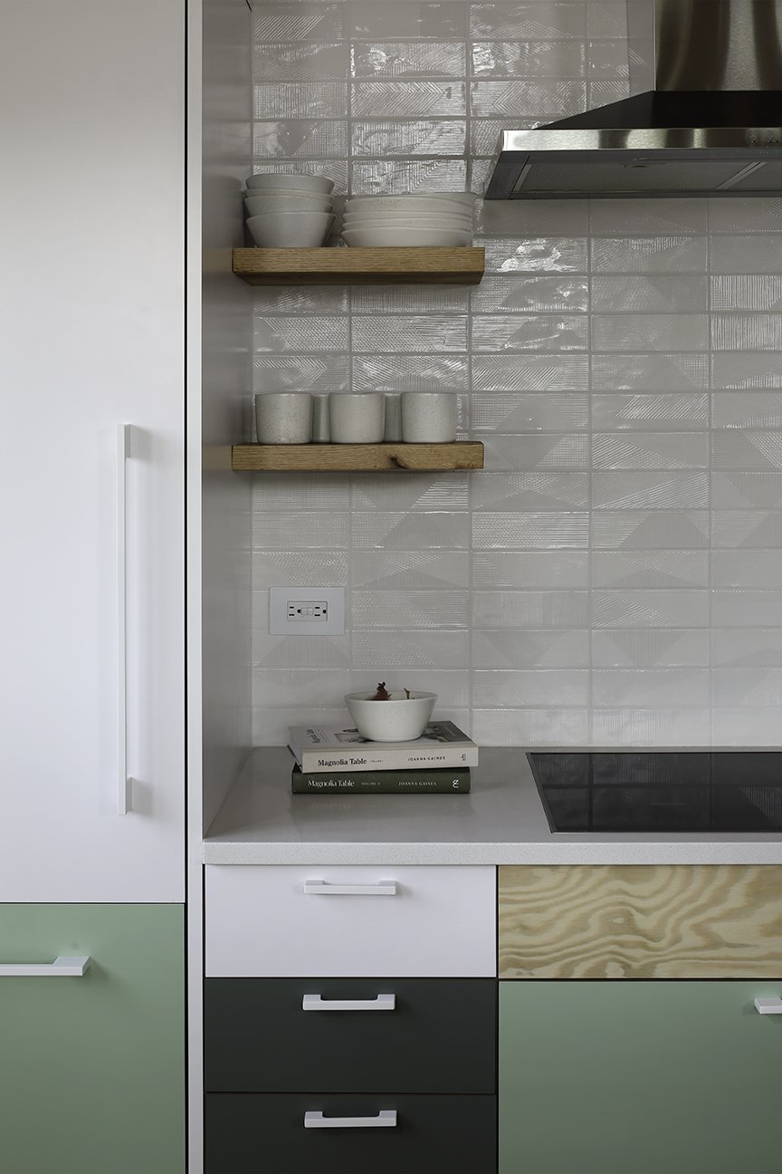 Close up of cabinets with a multi color scheme