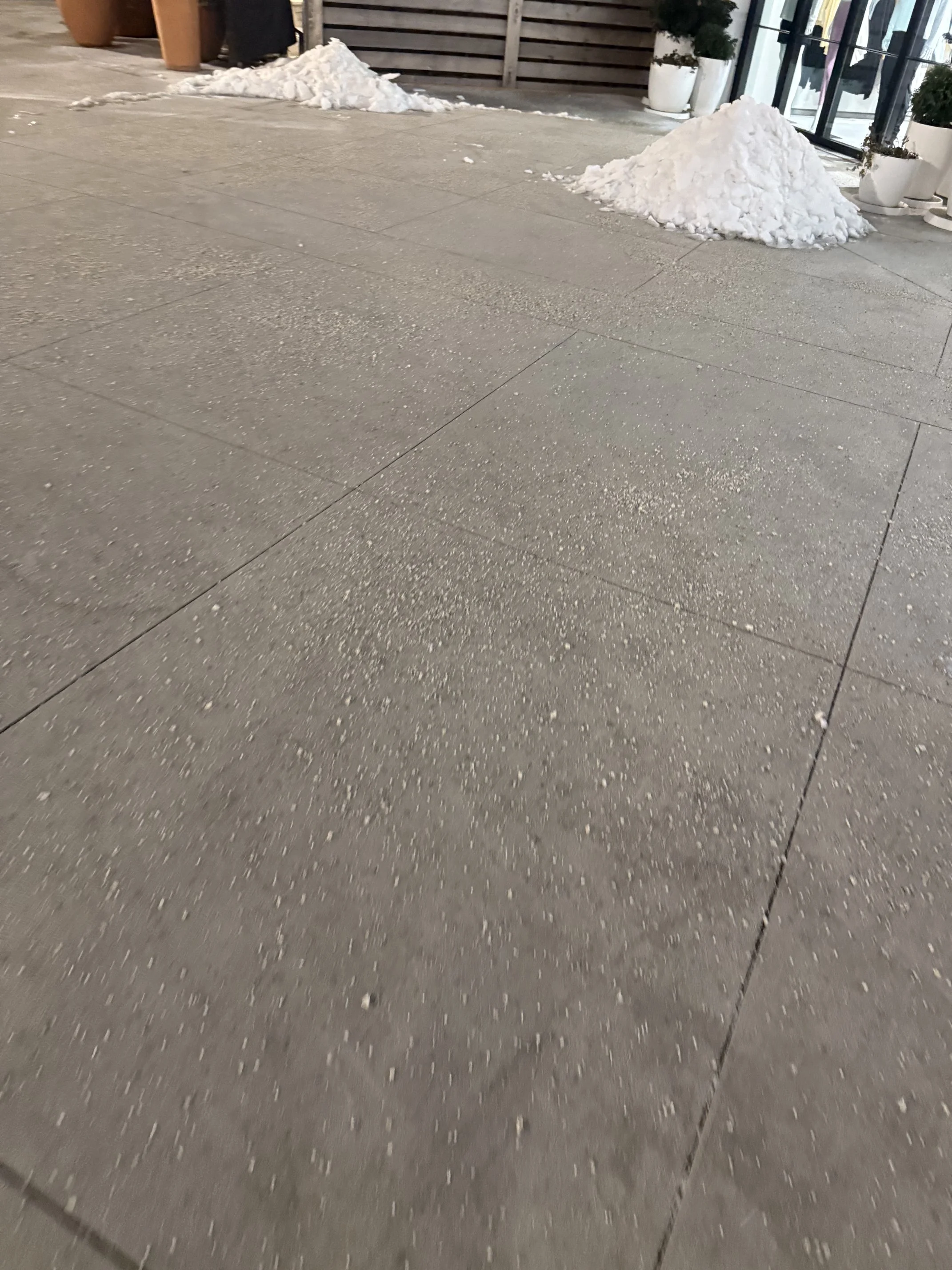 Two piles of snow on a concrete sidewalk outside a building with large potted plants and a glass storefront.