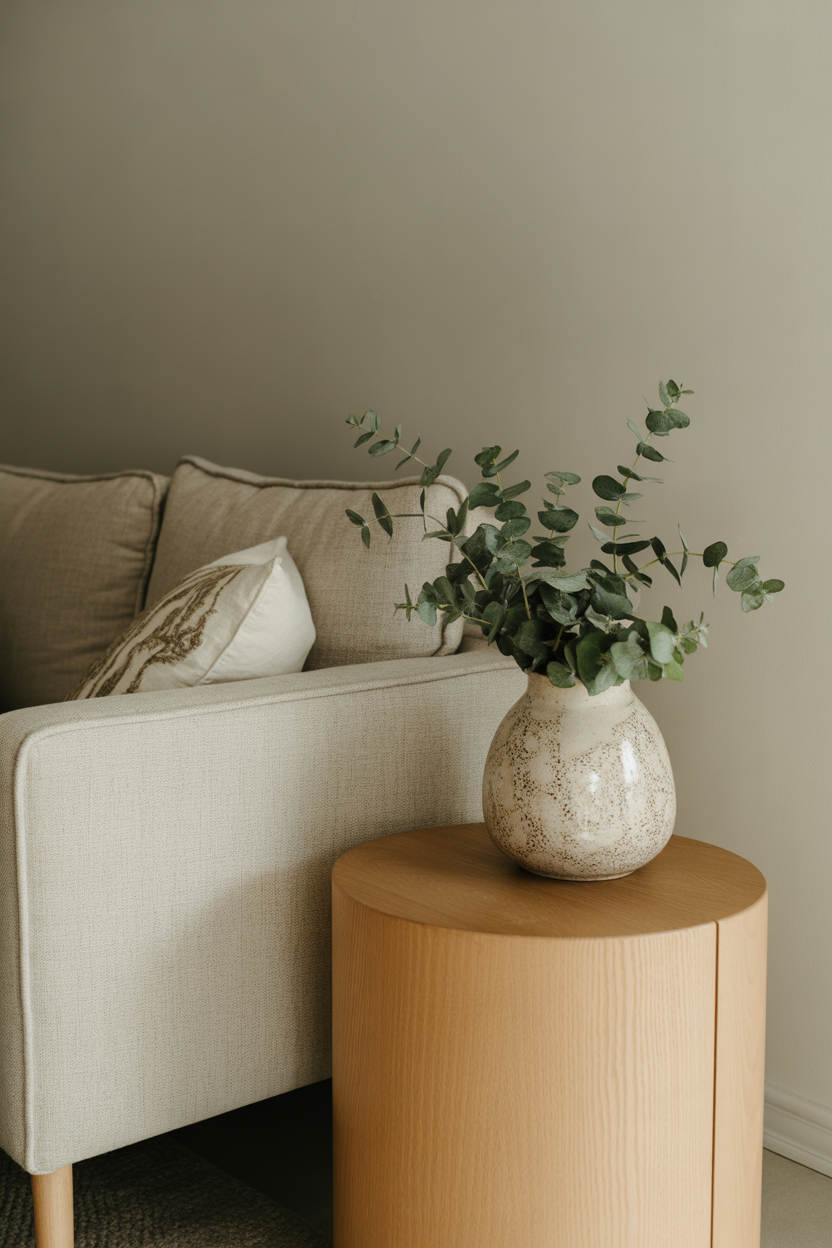 A beige sofa with a decorative pillow next to a wooden side table holding a textured ceramic vase with green eucalyptus branches.