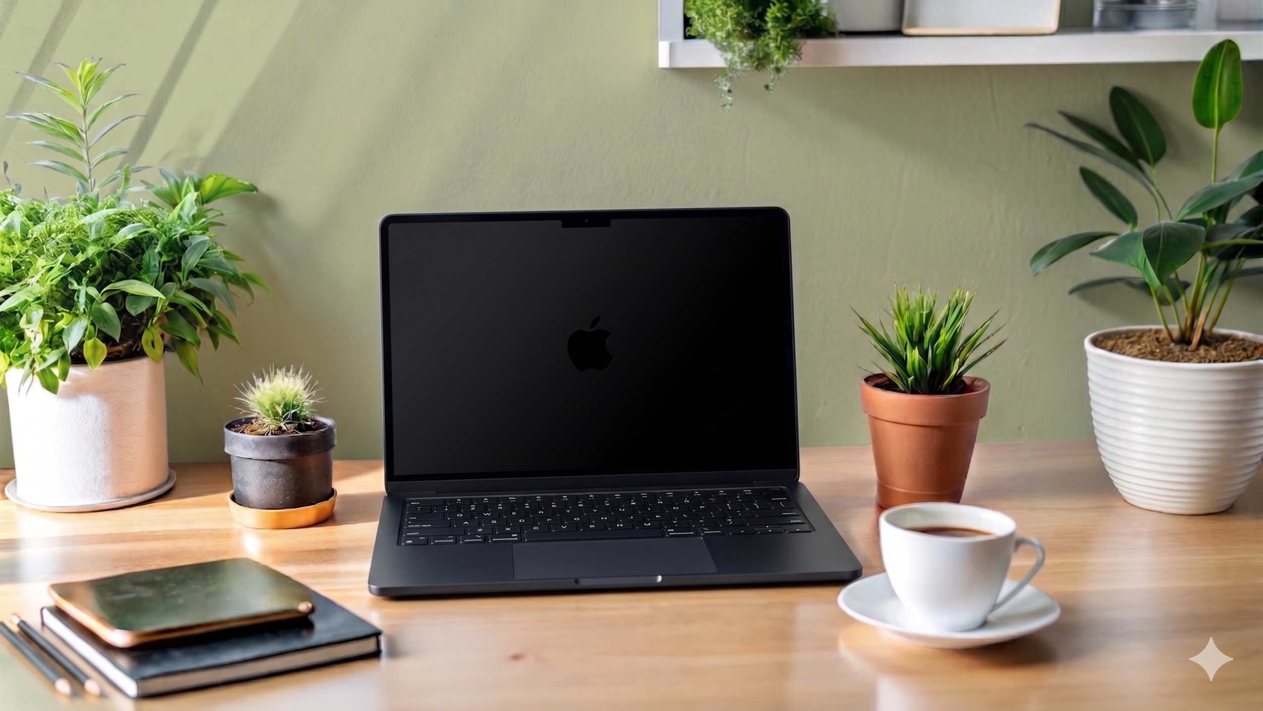 A wooden desk with a laptop, a notebook, and a cup of coffee surrounded by various green potted plants against a light green wall.