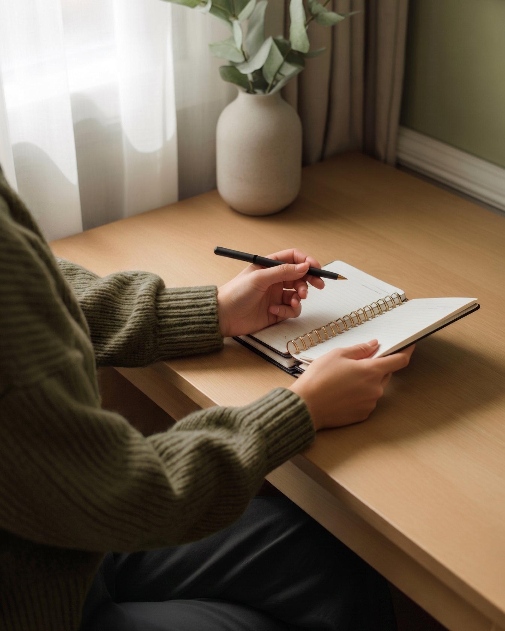 A person wearing a green sweater, seated at a light wood table, is holding a black pen in one hand and a spiral notebook open in the other. A white vase with large green leaves is on the windowsill behind them. The background shows white sheer curtains and brown drapes.