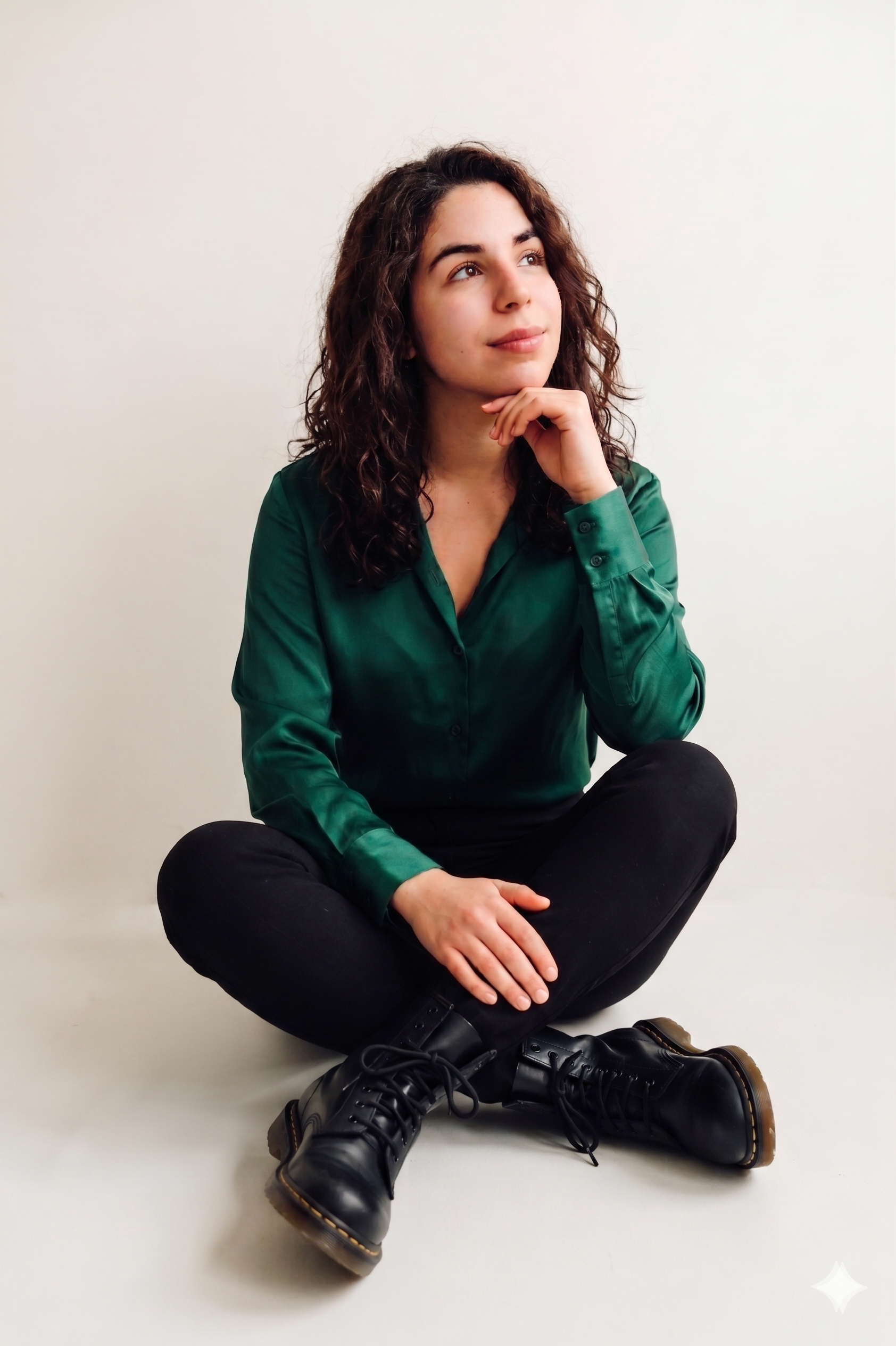 Maritxu Arlegui, psychotherapist and founder of Divergent Psychotherapy, sitting cross-legged on the floor with her chin resting on her hand, looking thoughtfully upward. She has curly brown hair and is wearing a green satin shirt and black trousers,