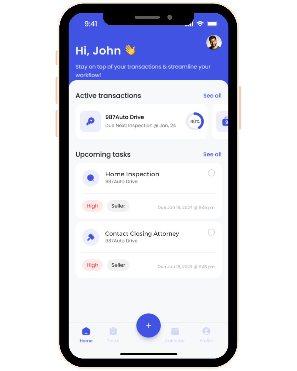 Smartphone screen displaying a productivity app with a blue header greeting 'Hi, John' and a waving hand emoji. The app shows active transactions, including a key icon for auto drive, and upcoming tasks such as home inspection and contact closing attorney, with labels like high priority, due dates, and times.