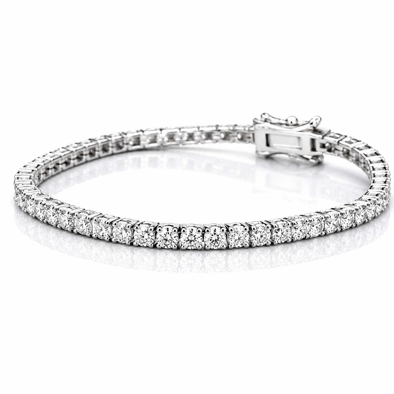 Silver diamond tennis bracelet with a secure clasp on a white background.