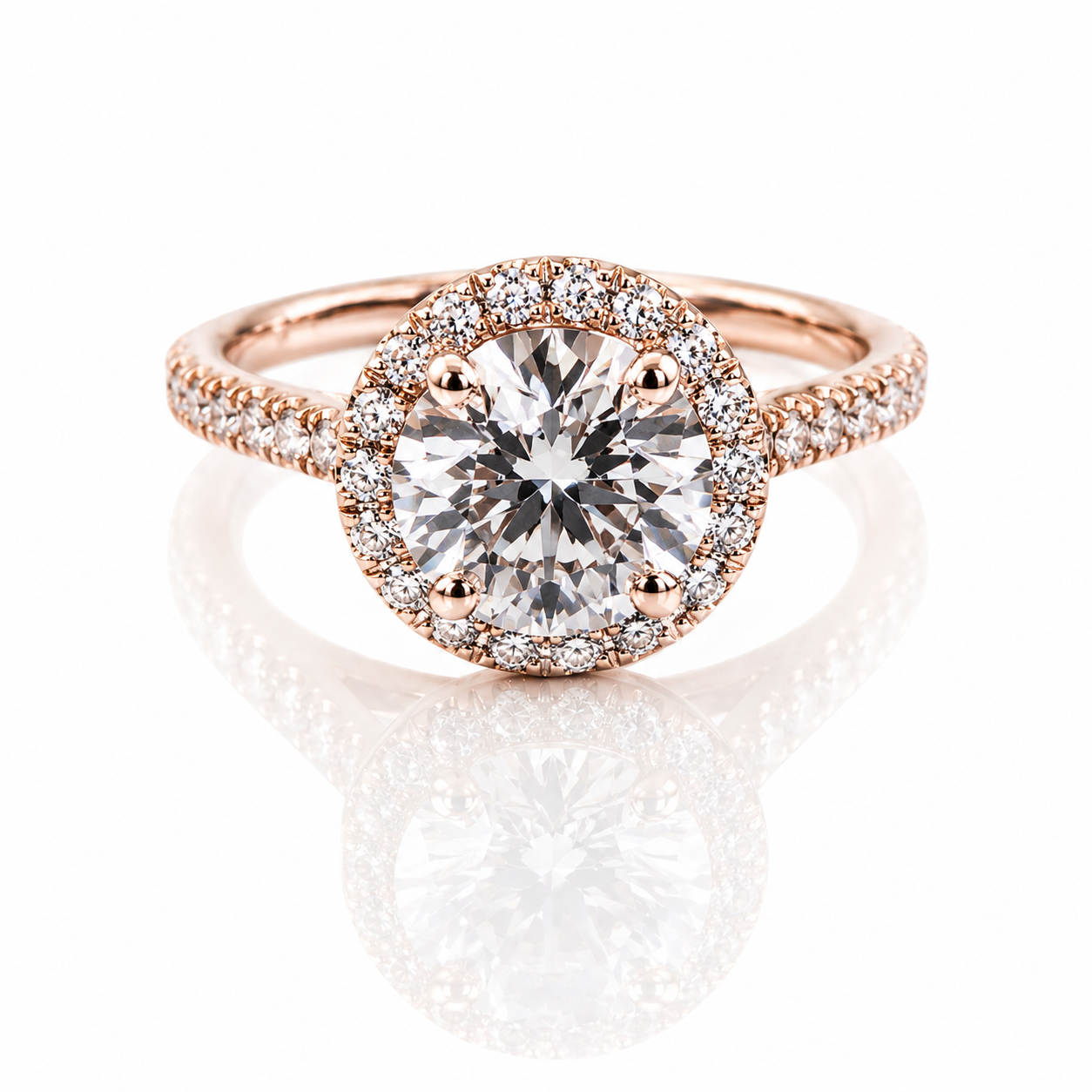 Rose gold engagement ring with a large round diamond in the center, surrounded by smaller diamonds and a diamond-studded band.