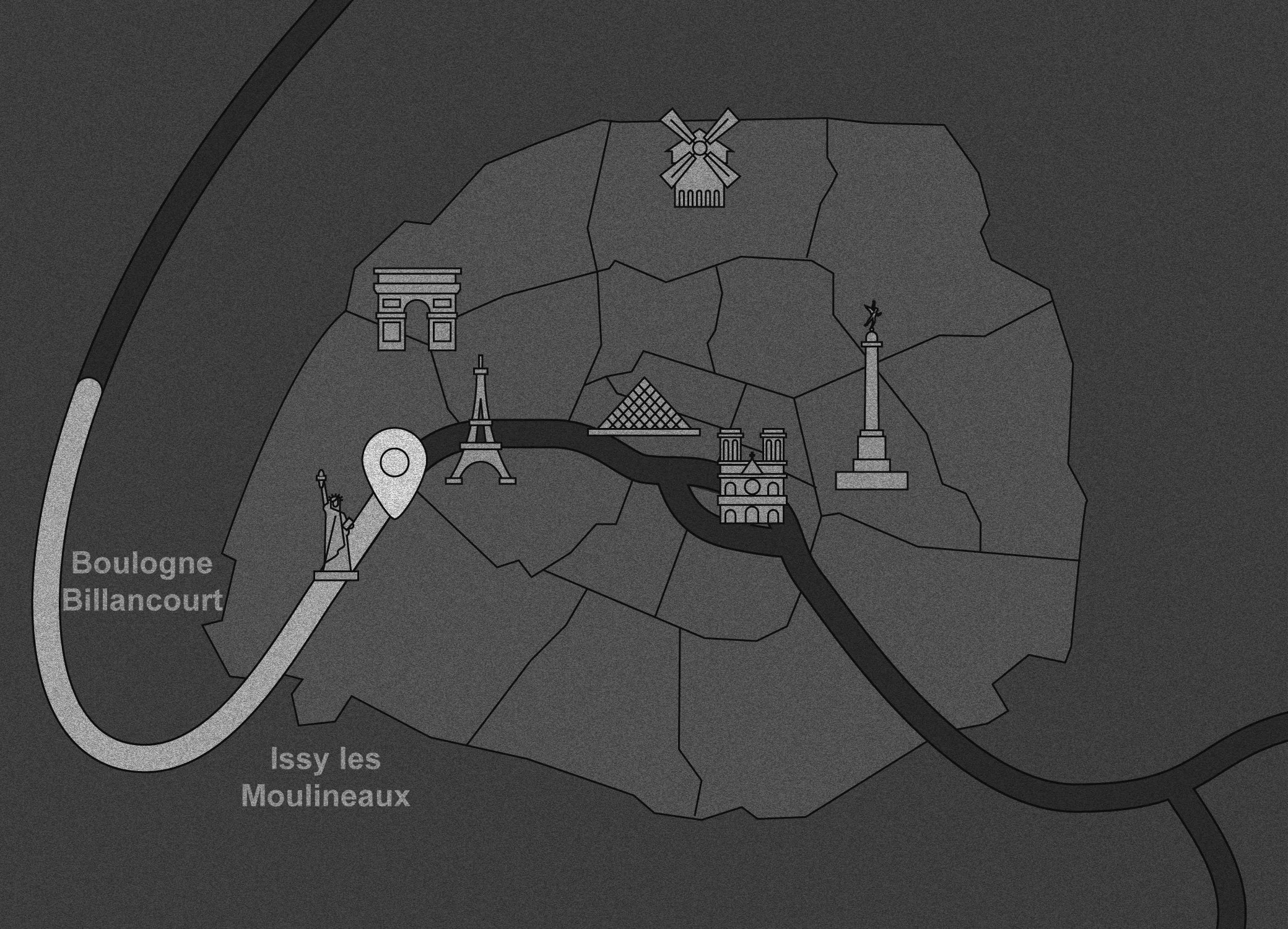 Carte simplifiée de Paris illustrant des monuments célèbres comme la Tour Eiffel, le Pont Alexandre III, et l'Arc de Triomphe, avec des noms de quartiers comme Boulogne, Billancourt, et Issy-les-Moulineaux.