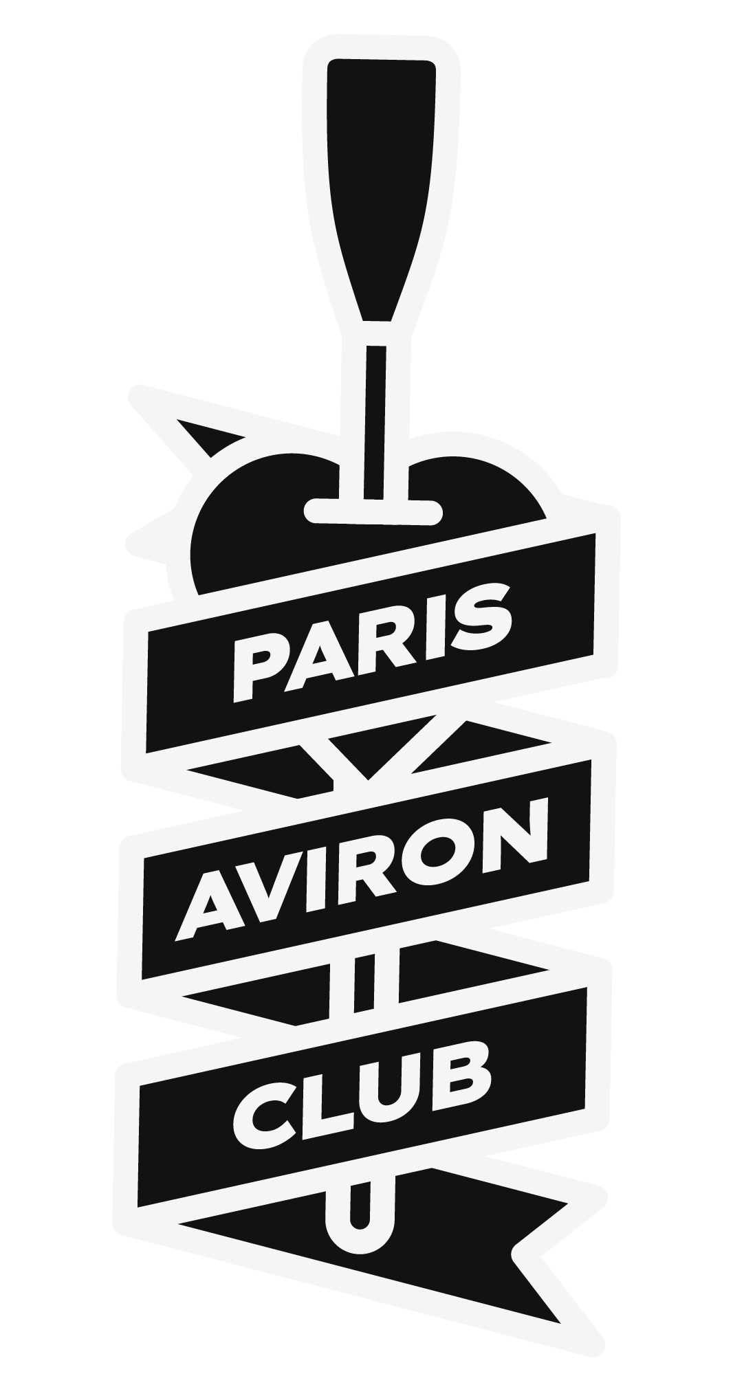 Logo du club de baseball ou d'attirail avec un marteau et la mention 'Paris Aviron Club' en blanc sur un fond noir.