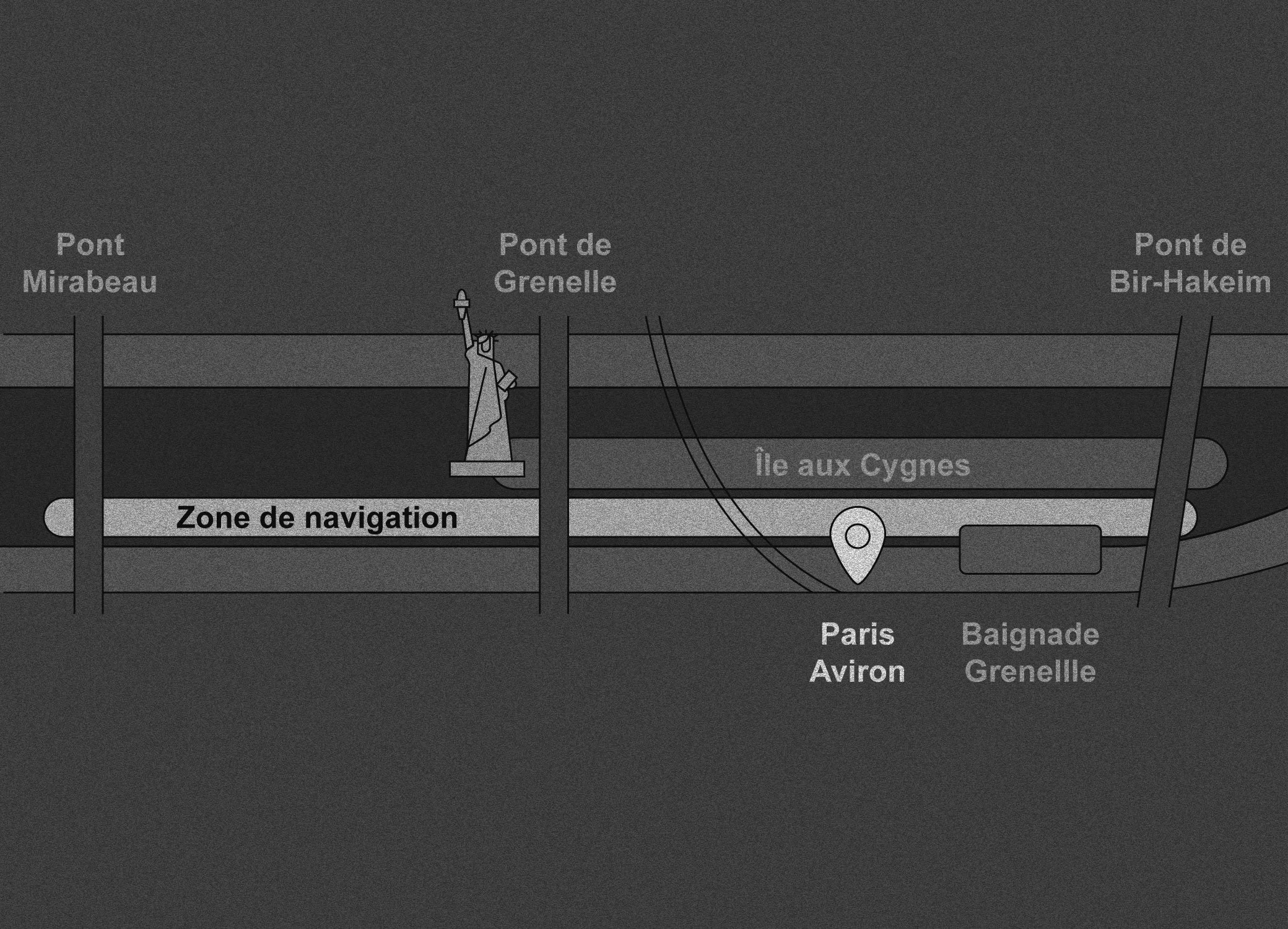 Plan illustratif montrant des ponts à Paris, y compris le pont Mirabeau, le pont de Grenelle et le pont de Bir-Hakeim, avec des éléments de navigation, d'île aux Cygnets, de baignade, d'aviron et de grenelle.