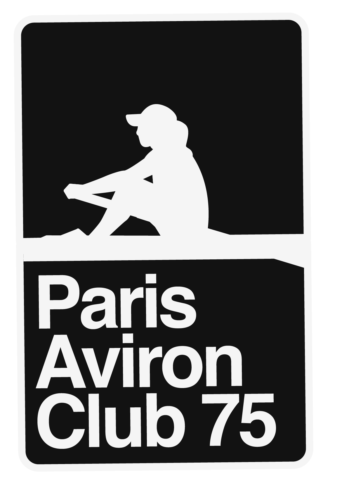Un panneau de signalisation runner noir et blanc avec un symbole de silhouette d'enfant assis, portant une casquette, et le texte "Paris Aviron Club 75".