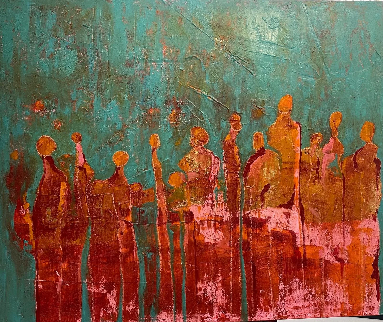 Abstract painting of orange figures with rounded heads and elongated bodies against a teal and red background.
