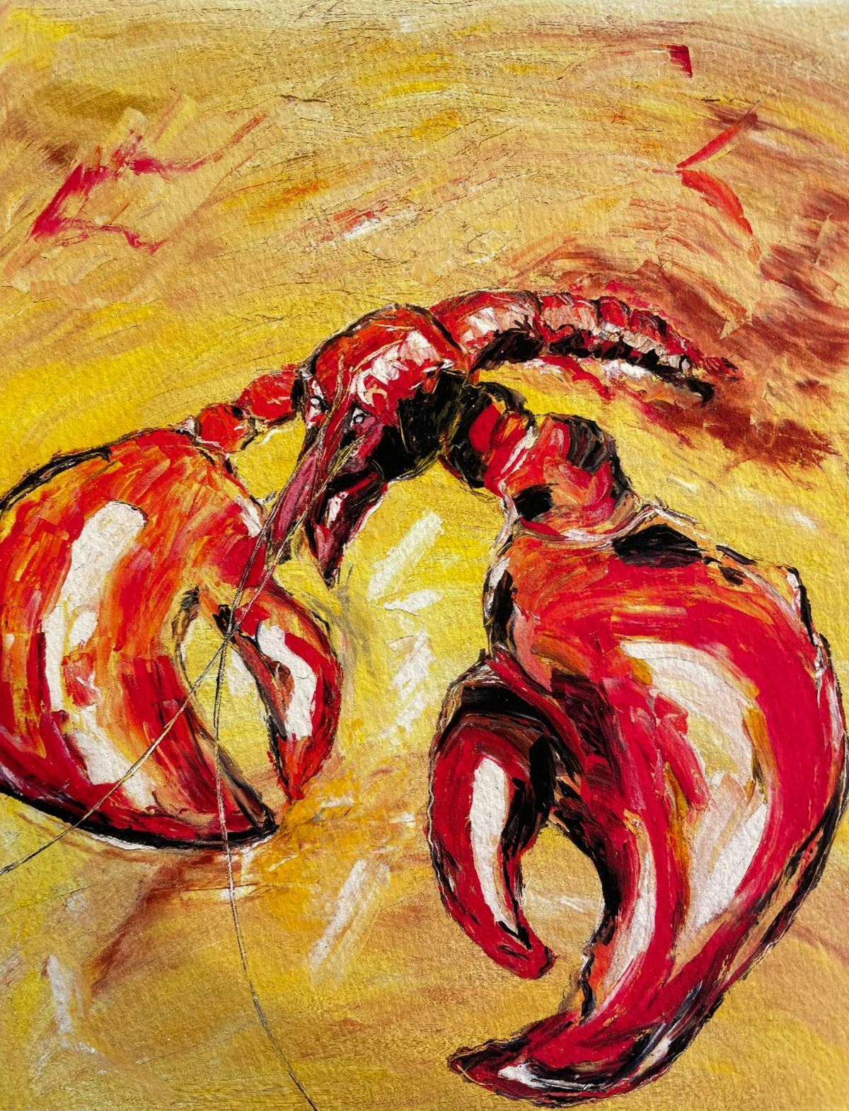 Abstract painting of red lobsters against a yellow background.