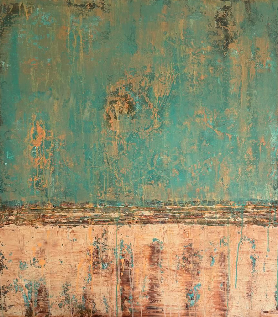 Abstract painted wall with teal, orange, and beige colors, showing a distressed, textured surface.