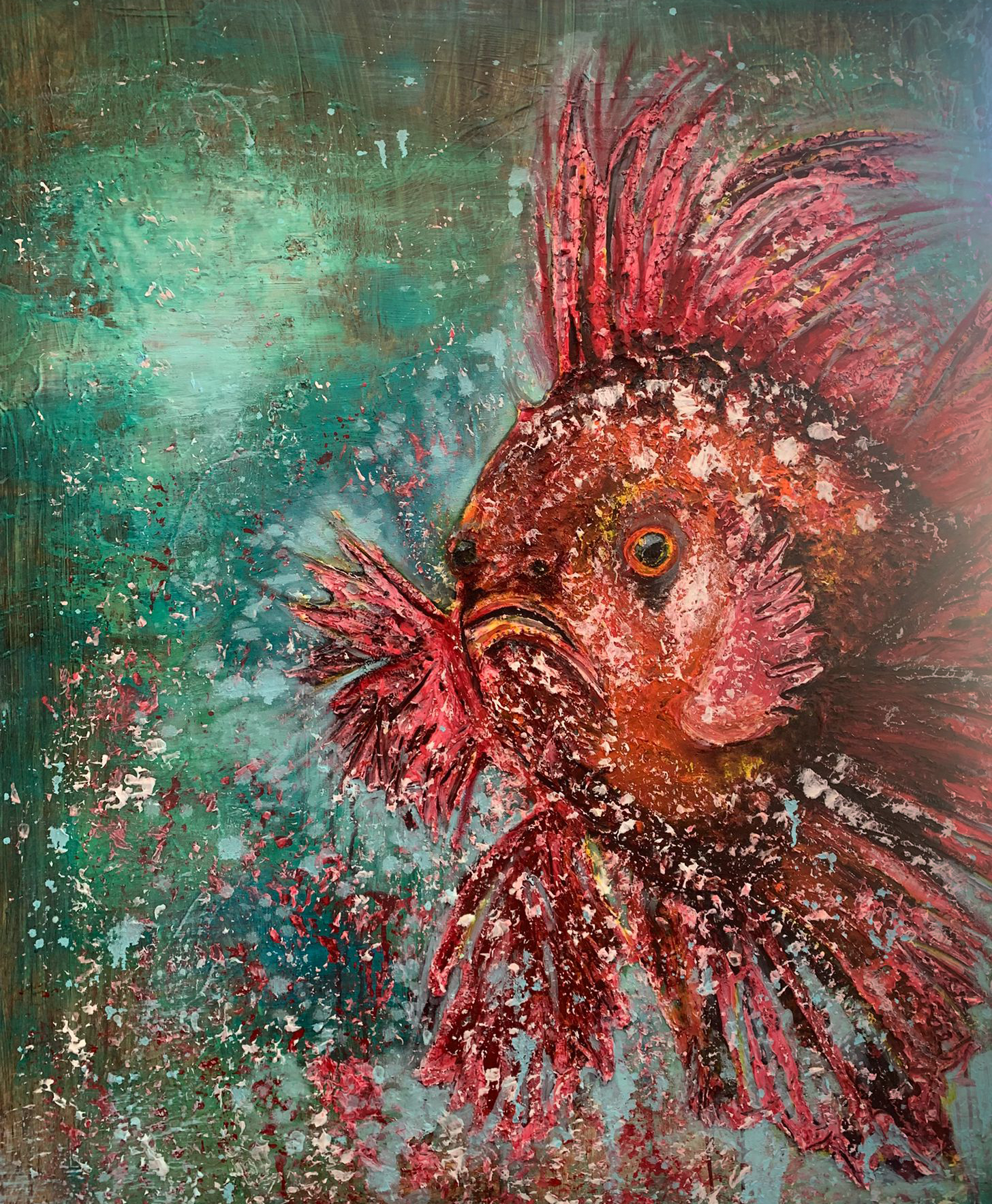 An abstract painting of a fish with a vibrant red, pink, and orange body, detailed fins, and a large eye, set against a textured green and blue background.