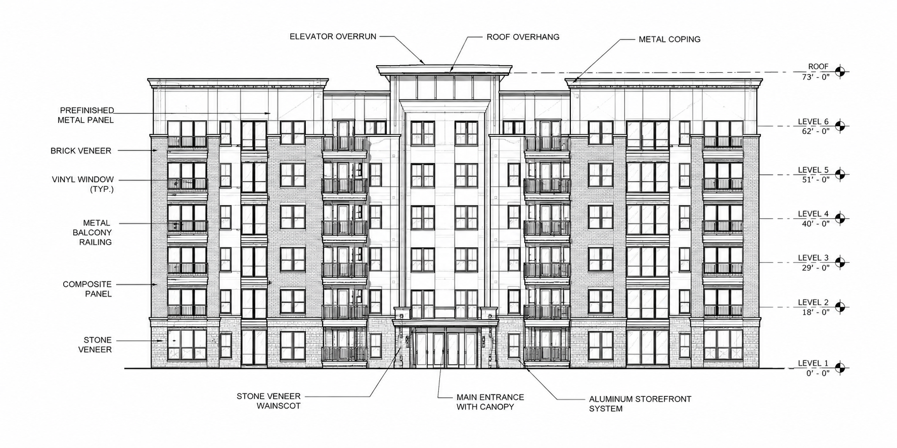 Architectural blueprint of a multi-story residential building showing various design elements like metal panels, brick veneer, vinyl windows, balcony railings, composite panels, stone veneer, roof and rooftop overhangs, elevator overrun, and main entrance with canopy.