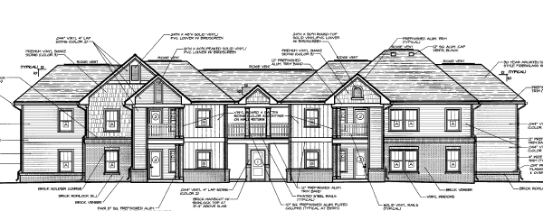 Architectural blueprint of a multi-story residential building, showing front elevation with various windows, doors, balconies, and roof details.