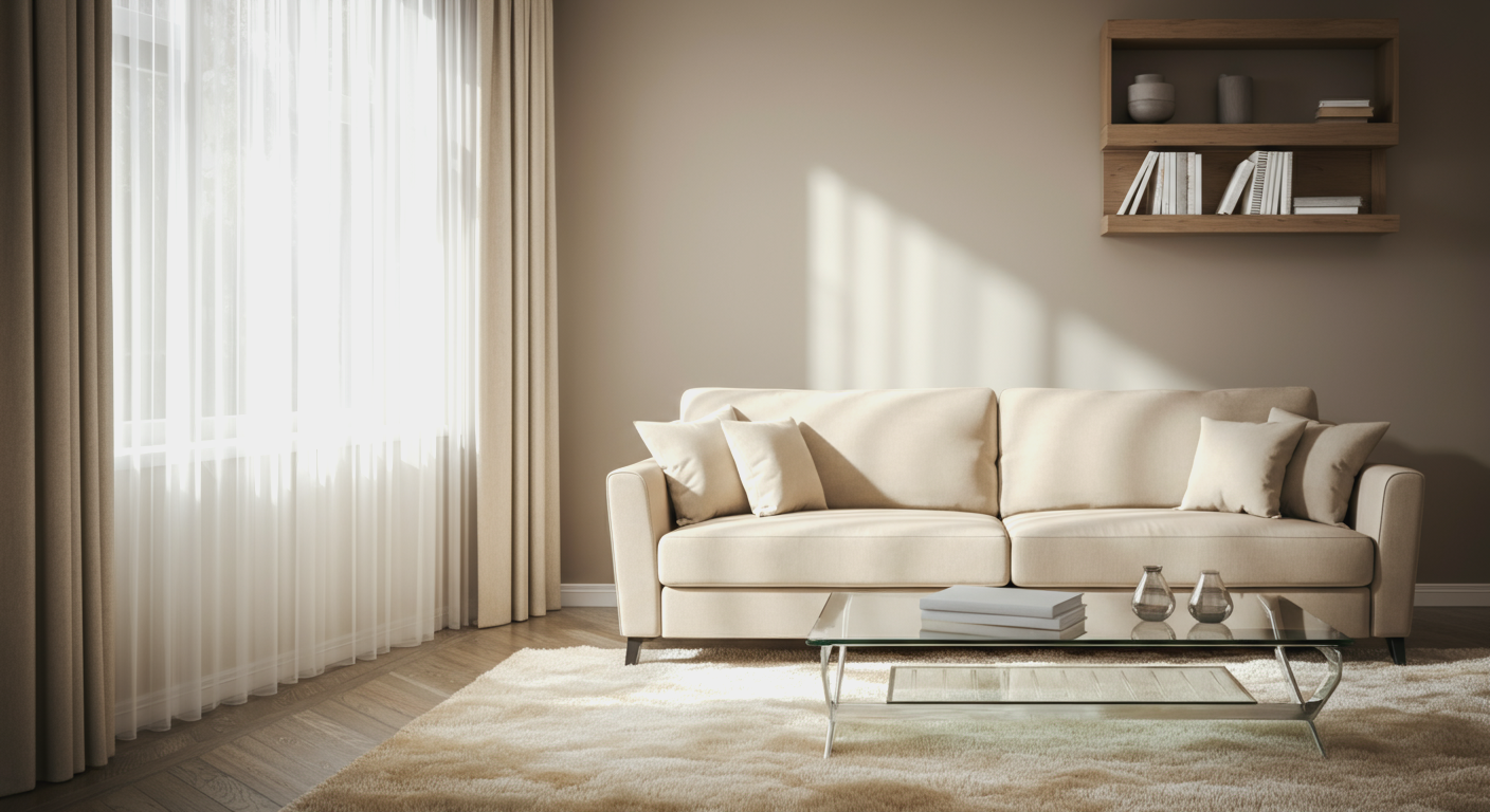 Modern living room with a beige sofa, glass coffee table, and a wooden wall shelf, bright natural light coming through sheer curtains.