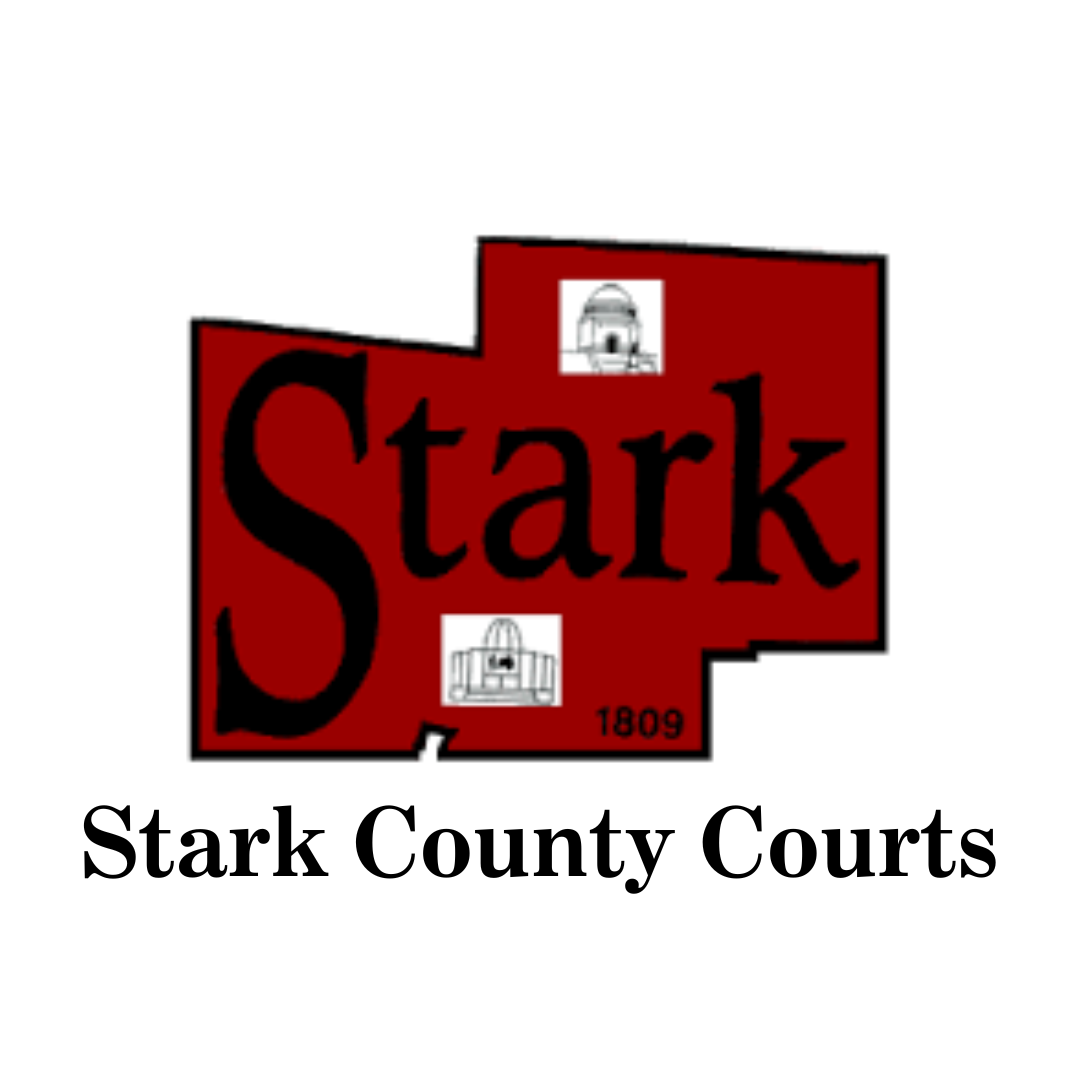 A logo for Stark County Courts featuring a red background with the word "Stark" in large black letters, two small images of courthouses, and the text "1809" with the caption "Stark County Courts" underneath.