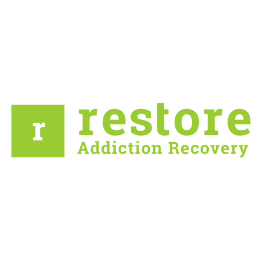 Green logo with a white 'r' inside a green square, next to the words 'restore' and 'Addiction Recovery' in green text.