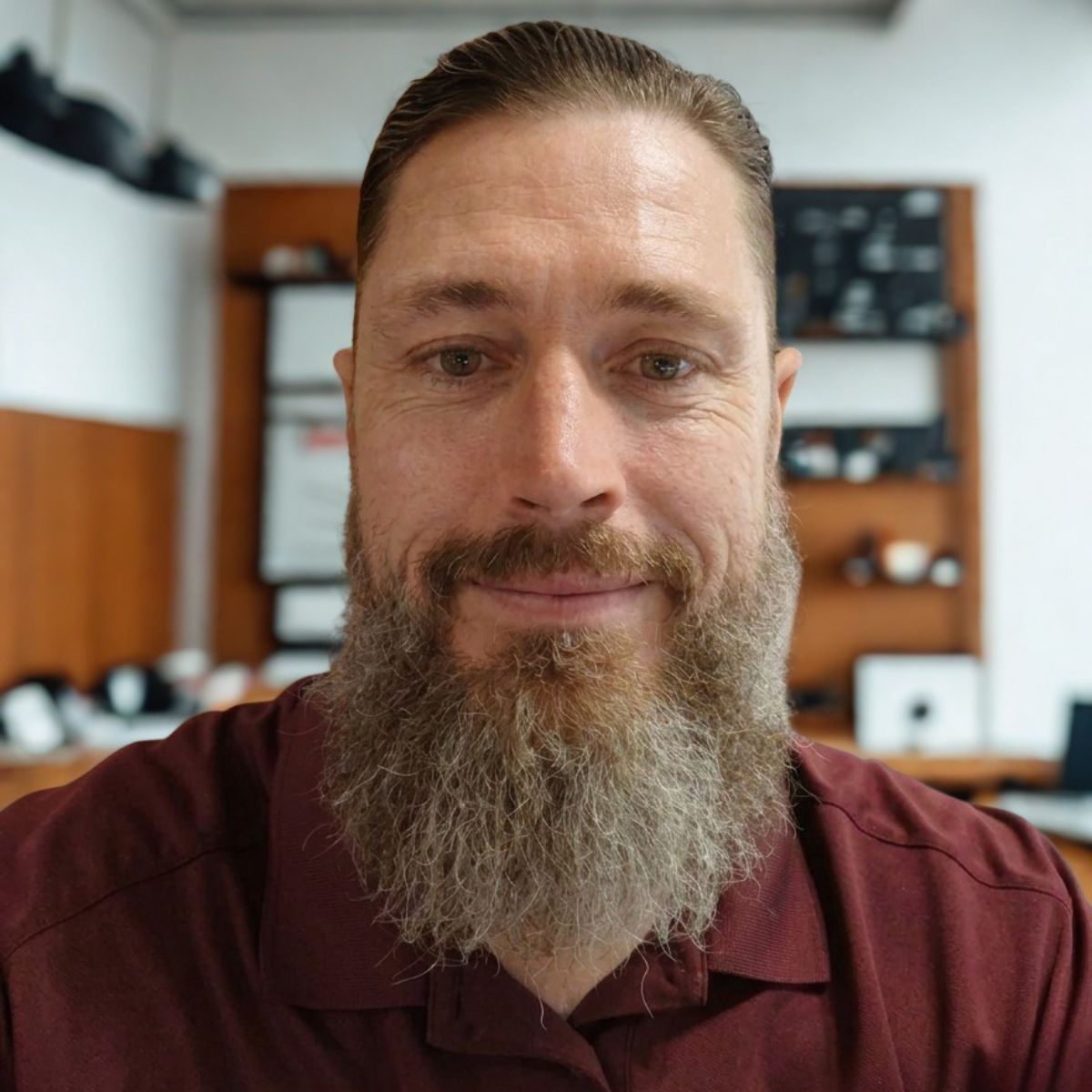 A close-up of a man with a beard and slicked-back hair, smiling, indoors in front of a wooden shelf with various items.