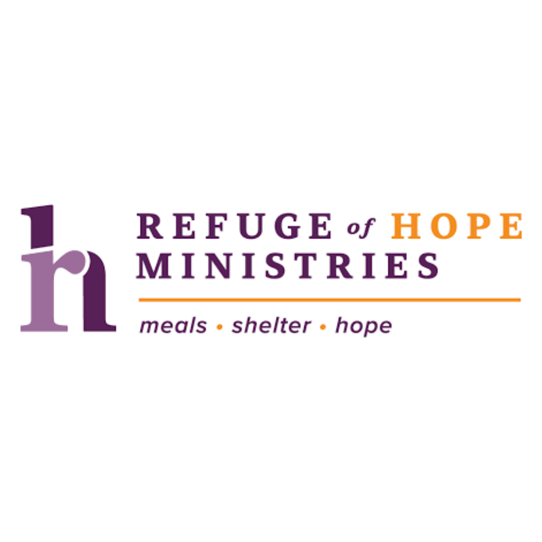 Logo for Refuge of Hope Ministries featuring purple and orange text and a purple letter 'h'