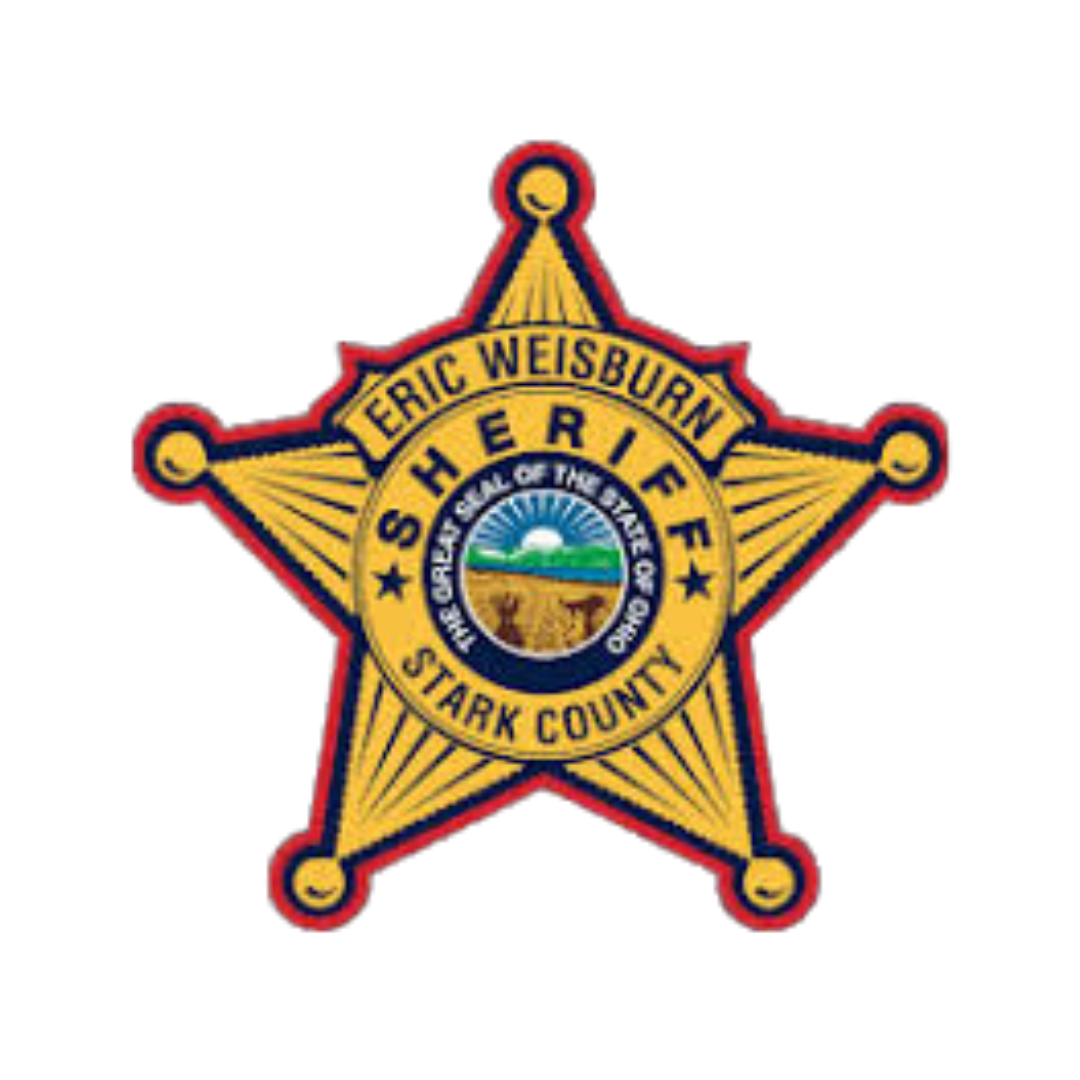 Sheriff badge for Eric Weisburn in Stark County, Ohio, with a central seal depicting a sunrise over land and two deer.