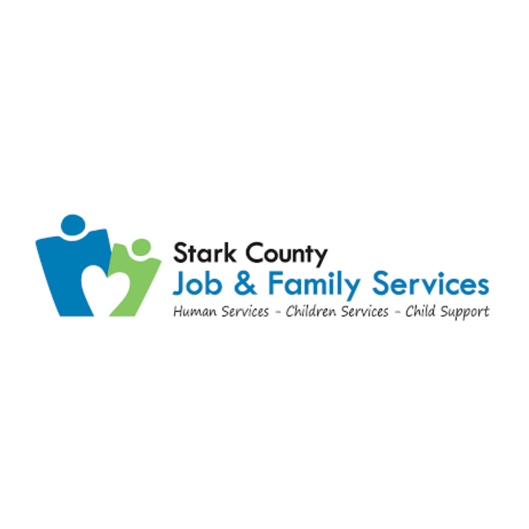 Logo of Stark County Job & Family Services featuring two stylized figures, one blue and one green, forming a heart shape, with text indicating services for human, children, and child support.