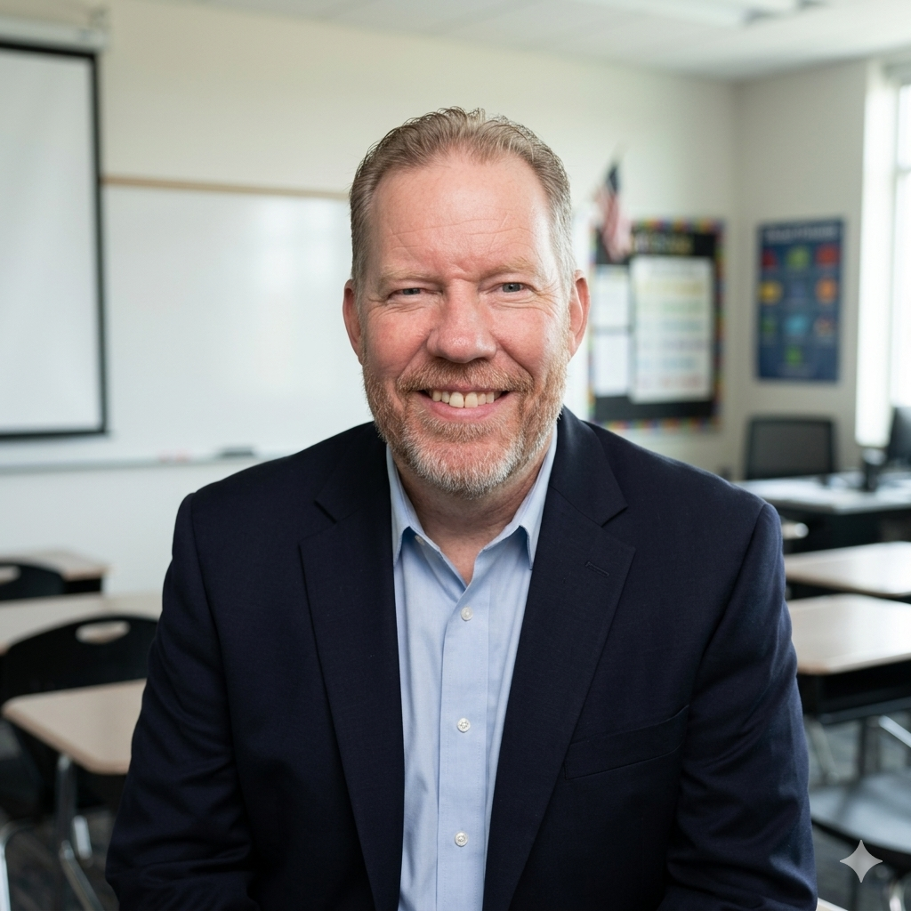 A smiling man with a beard and short hair, wearing a suit jacket and shirt, sitting in a classroom with desks, chairs, whiteboard, and educational posters in the background.