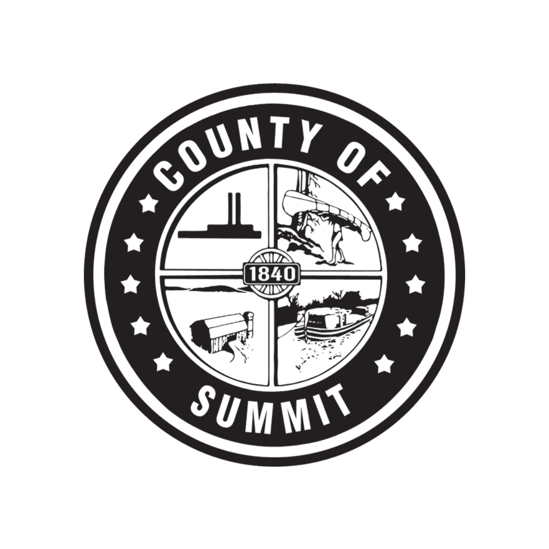 Seal for County of Summit featuring images of a mine, a mountain, a railroad, and a historic building, with the year 1840