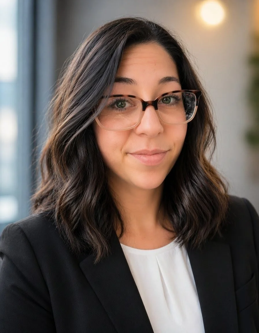 A woman with shoulder-length dark hair, wearing glasses, a black blazer, and a white top, smiling slightly in an indoor setting with blurred background lights.