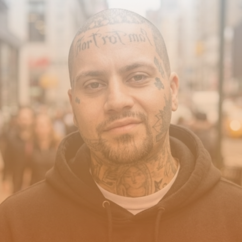 A young man with tattoos on his face and neck, wearing a black hoodie, smiling slightly in an urban outdoor setting.