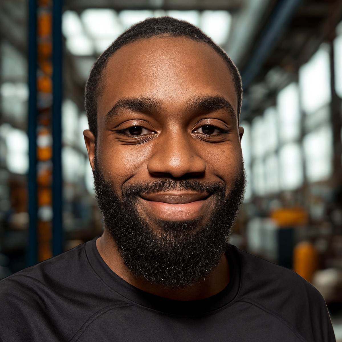 Close-up portrait of a smiling Black man with a beard, wearing a black shirt, in an industrial setting with blurred shelving and equipment in the background.