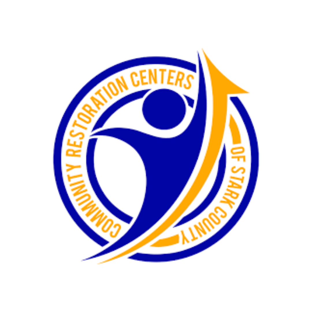 Logo of the Community Restorative Centers of St. Paul County, featuring a stylized person raising an arm surrounded by circular text in blue and orange.
